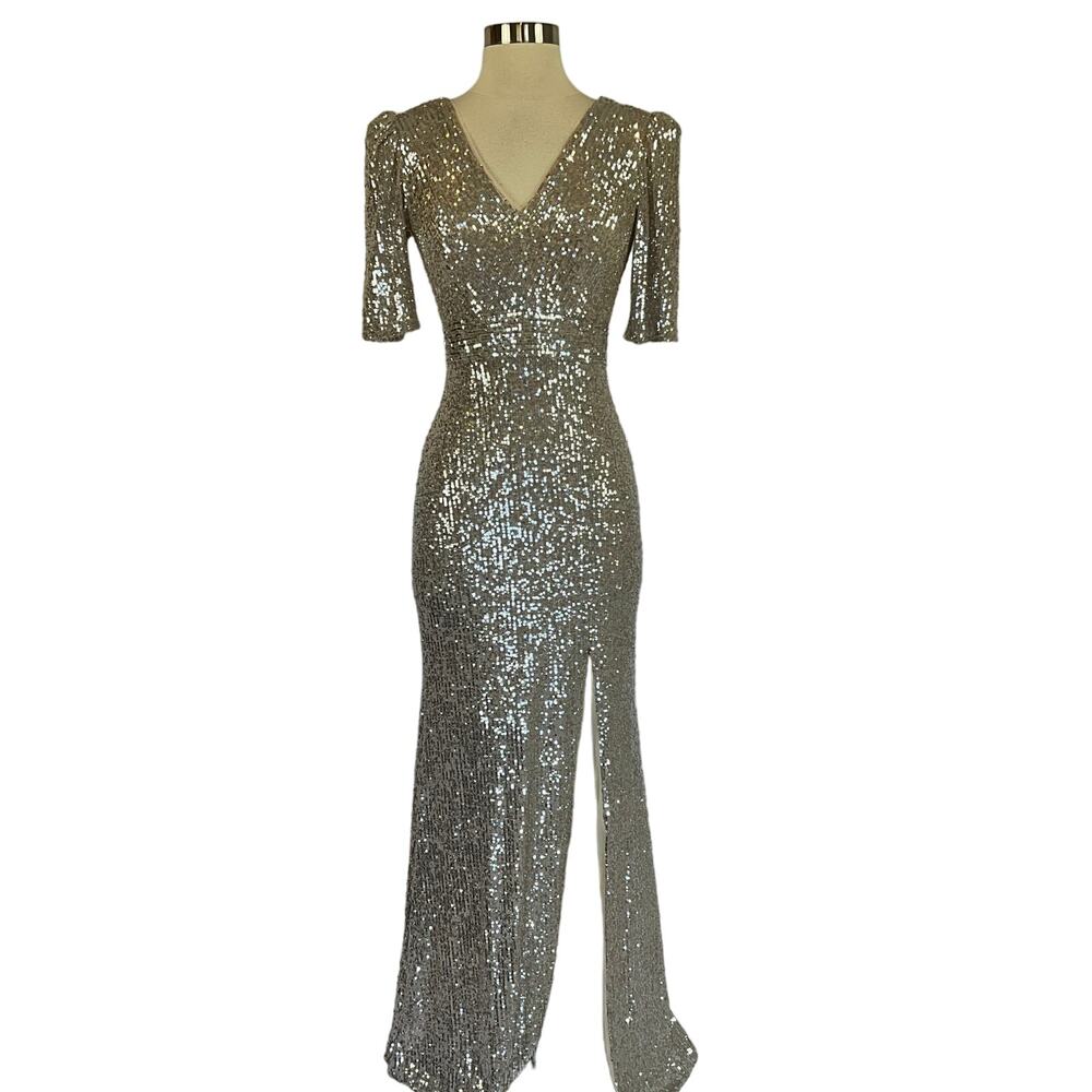 Aqua Silver Sequin V-Neck Maxi Gown with Short Sleeves and Slit